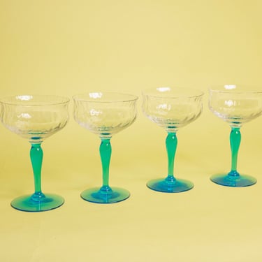 Set of 4 50s Bright Blue Crinkled Glass Drink Cups Vintage Champagne Coupes Glasses 