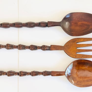 Vintage 1970s Kitsch Tiki Island Large Wood Carved Fork Spoon LOT Decor Wall Art Hangings 3pc 42