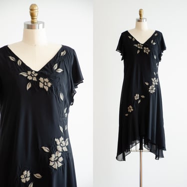 black flapper dress 90s y2k 20s style vintage floral embroidered loose knee length dress 