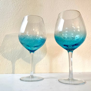 Modern Pair of Blue Wave Bubble Wine or Glasses 