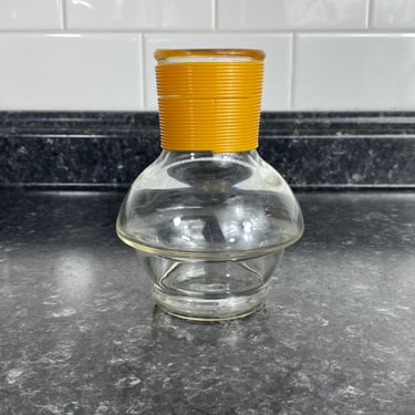 Mid Century Glass Bottle Squat Vase, Ribbed Jar Yellow Neck Water Serving Decor, McKee Hottle Glasbake Jar 