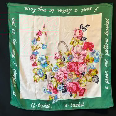 1950s floral silk scarf vintage A-Tisket A-Tasket wearable art square head scarf 