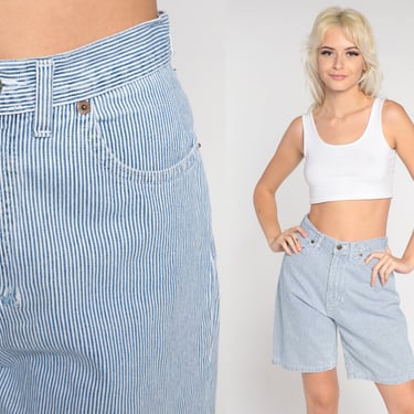 Striped Jean Shorts Y2K Blue Shorts Conductor Striped Denim Shorts High Waisted Shorts 00s Vintage White Retro Summer Faded Glory Small 27 