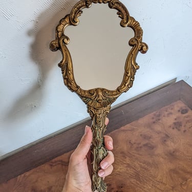 Vintage Ornate Gold Copper Tone Handheld Mirror Wall Decor 