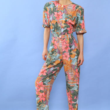 Tropical Ladies and Lillies Printed Jumpsuit M