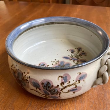 Cindy Angliss USA Pottery Bowl 8" with Braided Handles | Handmade Neutral Boho Decor, Vintage Hippie Chic Ceramics, Cottage Chic 
