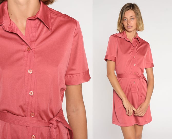 Pink Mini Dress 70s Shirtwaist Dress Retro Button Up Shift Dress Short Sleeve High Waisted Secretary Preppy Casual Vintage 1970s Medium M 