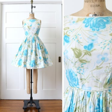 vintage 1950s floral cotton sundress • painted style turquoise flowers nipped waist dress 