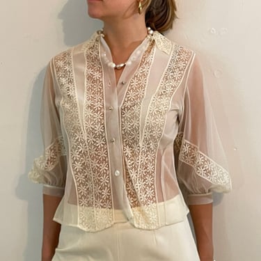 40s sheer blouse / vintage ivory sheer chiffon lace inset bracelet sleeve lace collar cropped blouse | Medium 