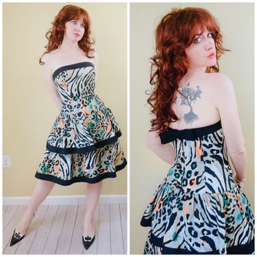 1980s Vintage Cotton and Acetate Tiger / Leopard Print Dress / 80s Strapless Bow Back Tiered Cupcake Party Dress / Small - Medium 