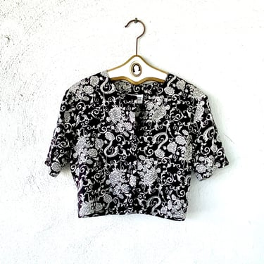 Vintage 80s 90s Floral Cropped Top // Baroque White Black Short Sleeve Cardigan 