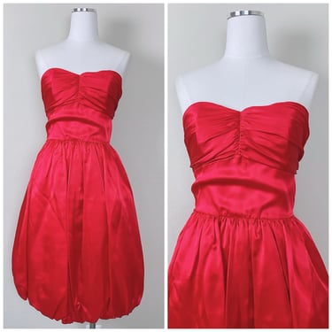 1980s Vintage Red Strapless Bubble Hem Dress / 80s Fit and Flare Silky Sateen Party Dress / XS - Small 