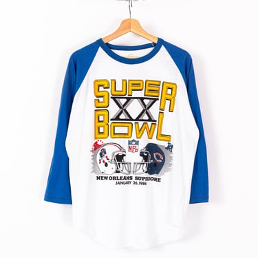 1986 Super Bowl XX Chicago Bears Shirt - Men's Medium, Women's Large | Vintage Blue White 3/4 Raglan Sleeve NFL Football Tee 