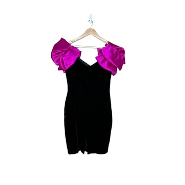 Vtg 80s Black Velvet Fuchsia Pink Puff Sleeve Cocktail Dress Size 8 