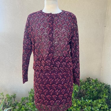 Vintage gorgeous cocktail outfit skirt top/jacket red burgundy beaded lace Sz Small. 