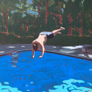 Pool #111 - Original Acrylic Painting on Canvas 40 x 30, man, swimming, michael van, diving, boy, gallery wall, shady, summer, blue, large 