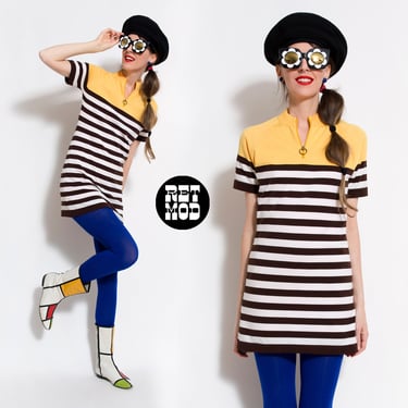 MOD DREAM Vintage 60s Yellow &amp; Black White Stripes Knit Tunic or Micro Mini Dress 