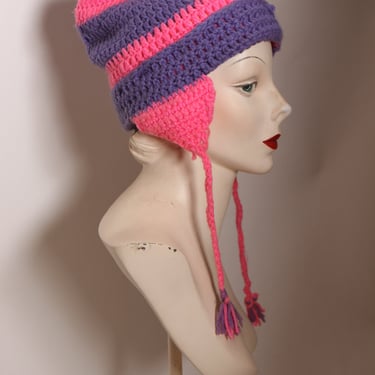 1970s Pink and Purple Striped Ear Flap Tassel Winter Stocking Cap Hat 