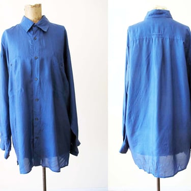 Vintage 90s Sapphire Blue Silk Shirt L -1990s Oversized Silk Long Sleeve Button Up - Blue Blouse - 90s Clothing - Baggy Shirt 