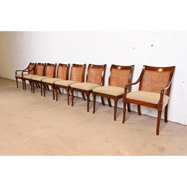 Baker Furniture Regency Sculpted Mahogany Cane Back Dining Chairs, Set of Eight