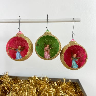 Three Jewel Brite Diorama Angel Christmas Ornaments, Glitter Coated Plastic, Scalloped Edges, Holiday Decorations, Christmas Tree Decoration 