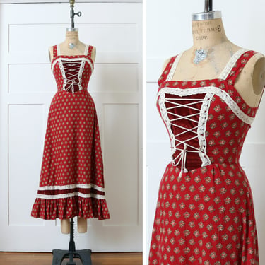 vintage 1970s prairie sundress by Rags • gunne sax style calico corset maxi dress in red 