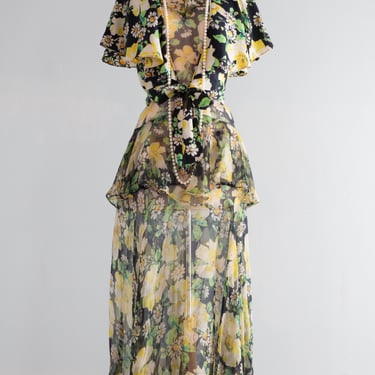Exquisite Early 1930's Silk Chiffon Spring Garden Party Dress & Jacket / Medium