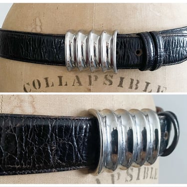 Vintage ‘80s ‘90s Joan & David dark brown calfskin belt | genuine leather belt, made in Italy, heavy silver buckle, adjustable M/L 