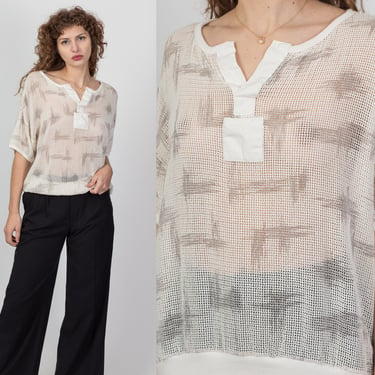 M| 80s Net Mesh Henley Shirt - Medium | Vintage Oversized Sheer White Knit Fishnet Top 