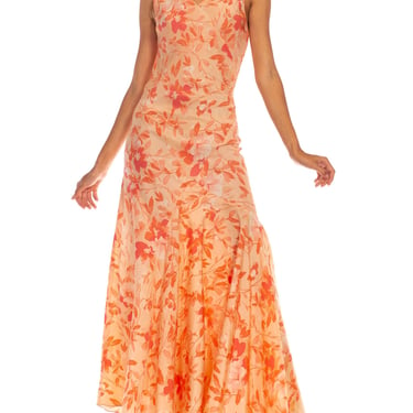 1930s Pink & Orange Floral Rayon Assymetrical Bias Cut Dress 