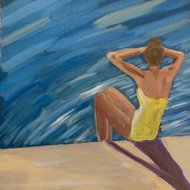 Swimming pool art, beach art, coastal decor, waiting at the pool, woman in swimsuit, summer decor, wall art, hand painted, original art 