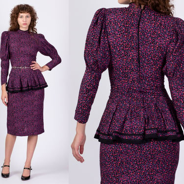 80s Purple Floral Peplum Midi Dress - Small | Vintage Long Puff Sleeve Tulip Print Fitted Sheath Dress 