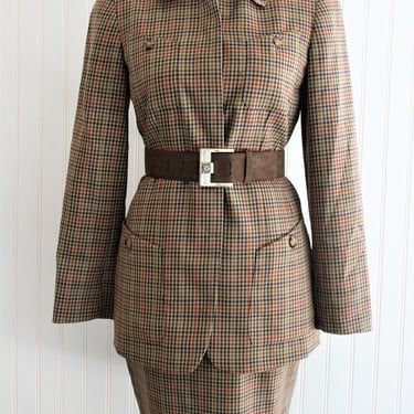 1980-90s - Anne Klein ll - Petite - Wool Suit - Brown Plaid - Marked size 2 
