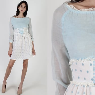 Baby Blue Velvet Corset Dress / Vintage 60s Prairie Dirndl Dress / High Waisted Polka Dot Print Mini 