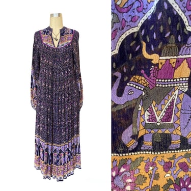 Vintage tunic dress, indian kaftan, elephant print, purple rayon, medium, balloon sleeves, boho tent dress 