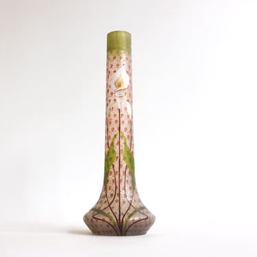 Antique Jugendstil Art Nouveau French Glass Vase Painted Enamelled Flower Vase Calla Lily Vase 1900s 