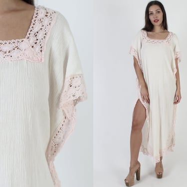 Off White Crinkle Cotton Mexican Embroidered Gauze Caftan With High Slit 