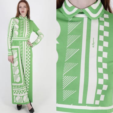 Vintage Paganne Designer Signed Long Geometric Print Dress 