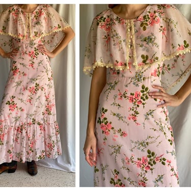 60's 70's Vintage Maxi Dress / Virgin Suicides Dress / Ethereal Dreams / Caped Floral Maxi Gown with Lace Trim / Wedding Guest Dress 