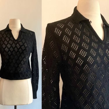 Vintage 70s KNIT EYELET POLO Sweater / Sheer Crochet Diamond Pattern 