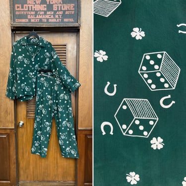 Vintage 1940’s Lucky Horseshoe Dice Silky Rayon Pajama Shirt Pants Set, Rayon, Vintage Novelty Print, Two Piece, Clovers, Dice, Horseshoe, 