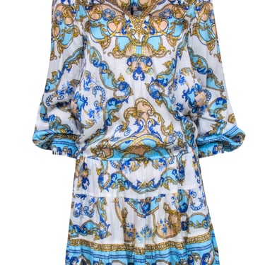 Hale Bob - White w/ Blue & Gold Print Long Sleeve Drawstring Waist Dress Sz S
