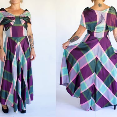 Late 1940s Plaid Taffeta Capelet Party Dress - Vintage Long Full Skirt Boat Neck Evening Gown - Small 