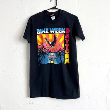Vintage 80s Daytona Beach Bike Week Neon Eagle Tee -- Size Small 