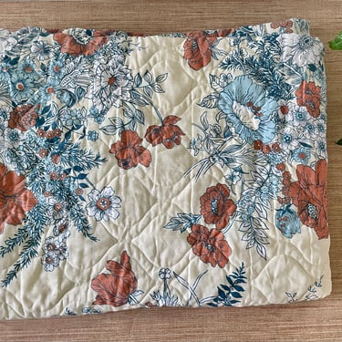 Vintage Twin Quilted Bedspread - Retro Floral Coverlet - Blue Brown and White - Thomaston American Mood - 1970s Retro Floral Twin Bedspread 