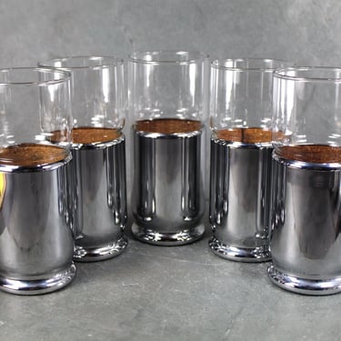 Set of 5 Mid Century Hellerware Highball Glasses | Cork Lined Metal Sleeve | Chrome and Glass Insulated Tumblers 