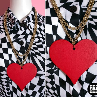 Large Chunky Vintage 70s Gold Double Chain with Red Wood Heart Pendant 