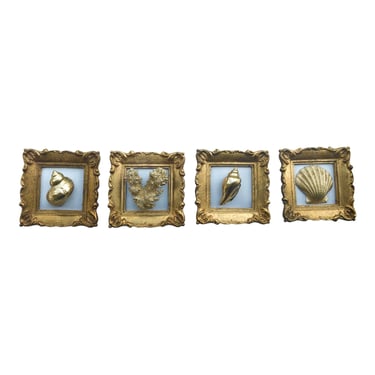 Set of 4 Vintage Framed Gold Gilt Genuine Coral & Seashell Art | Ornate Frames | Aqua + Gold Beach Chic Dimensional Wall Decor 