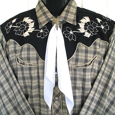 Karman Kenny Rogers Men Vintage Western Shirt Black and Gray Plaid Embroidered Yokes Cowboy, 15-33, Approx.  Medium (see meas. photo) 