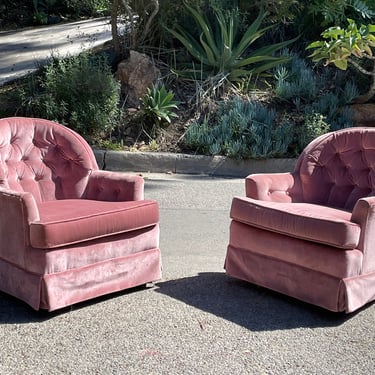 Mid-Century Pink Crushed Velvet Swivel Chairs - Circa 1960s 